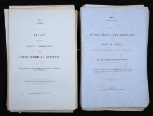 VICTORIAN GOVERNMENT BLUE PAPERS: 1853-1862 group, noted June 1854 "Births, Deaths, and Marriages in the Colony of Victoria", September 1854 "Health Officer Report", April 1861 "Pleuro-Pneumonia in Cattle", December 1861 "Health Officer Report", "Chief Me