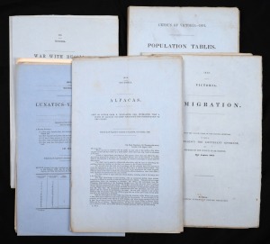 VICTORIAN GOVERNMENT PAPERS: 1853-1874 mixed blue/white group, noted 1854 "Census of Victoria Population Tables", April 1856 "War With Russia", October 1858 "Alpacas", 1860 "Report on the Yarra Bend Lunatic Asylum", 1864 "Transportation", August 1874 "Kid