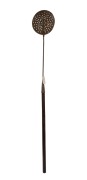 An antique trypot skimmer, copper and iron with wooden handle, purported to have come from Castle Rock Whaling Station near Busselton, Western Australian, 19th century. Note: Handle replaced. 206cm overall. - 2