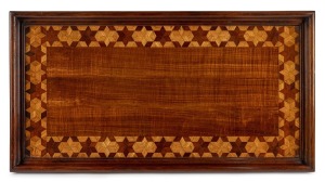 An antique Australian fiddleback blackwood and cedar serving tray with inlaid tumbling box decoration, 19th/20th century, 72cm wide.