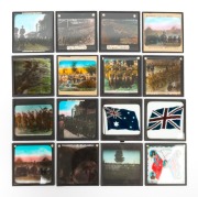 FIRST WORLD WAR - ANZACS: A collection of 83 x 83mm glass slides, mostly photographic, several hand-tinted, including slides captioned "Australians March Past Sir George Reid in Egypt", "In the Trenches - Expeditionary Force", "Expeditionary Force in Coll