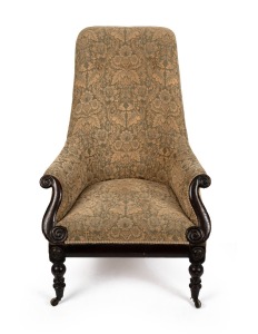 A fine quality Colonial Australian cedar lyre fronted easy chair with handsomely carved scroll arm terminals and floral rosettes, centurion skirt shaped front legs with original faux rosewood finish, supported on brass castors, Sydney origin, circa 1840s,