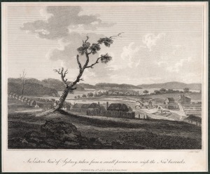 A group of window-mounted engravings taken from David Collins' 1798 "An Account of the English Colony in New South Wales...", all 35.5 x 42cm overall; titles include "The Brick-field-hill, or High road to Parramatta" and "An Eastern View of Sydney, taken 
