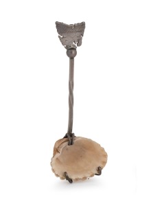 TAYLOR & SHARP of Hobart, antique Australian silver serving spoon with map of Tasmania decoration and mounted shell bowl, late 19th century, stamped "STG. SILVER, T. & S.", 11cm long.