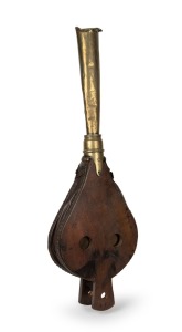 A vintage fog horn, crafted from brass with timber and leather bellows mechanism, barn find relic condition, 19th/20th century, 87cm long.