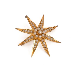 WILLIS & SONS of Melbourne, antique Australian 15ct gold and seed pearl star brooch, 19th/20th century, ​​​​​​​stamped "15" and flanked by pictorial marks, 4cm wide, 6.2 grams total.