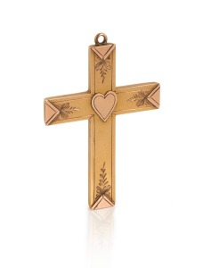 ARONSON of Melbourne, antique 9ct gold cross pendant with applied rose gold love heart and engraved decoration, 19th/20th century, stamped "9" flanked by pictorial marks with additional worksmith mark, ​​​​​​​4.5cm high, 2.7 grams.