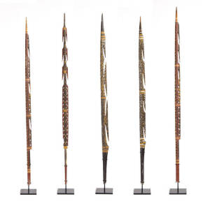 TIWI islands spear tips. Group of five with painted ocre decoration. 89cm to 93cm each 