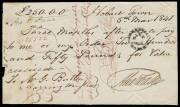 Colonial Period; Hobart Town, 5 Mar. 1841, cheque/sight note, 3 months after date pay to my order £250, signed  Alexander. Numbered "25522", to Mr G Butler, Harrington Street. Cross written in red "Accepted payable at the Commercial Bank, signed G. Butler