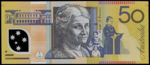 1995 (R.516) $50 Fraser/Evans, ERROR NOTE, missing BOTH serial numbers and the names to the portraits on both sides. Flaws to the black printing on the obverse are indicative of 'on press' problems. aUnc. and RARE.
