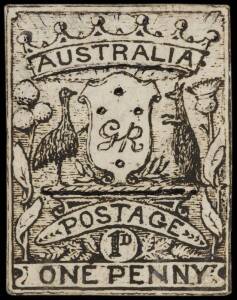 1911 Post Office Design competition; 1d 'Coat of Arms', 23 x 30mm, black & white photographic essay. Unknown designer and origin, similar to the Tannenberg and Grant submissions.