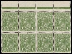 Small group of Roo's, ½d to 5/-, (14 with 9*) plus 1d green KGV, top marginal blk of 8, both rows Die I, II, II & I. Plated as 1/1-4 + 2/1-4, (minor fault),  fine and fresh appearance.