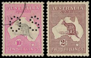 Mixed pre-decimal group: 10/- grey & pink 'Roo, 3rd wmk, punct 'OS', fine CTO with full gum and 2/- maroon 'Roo, 3rd wmk, w/centred*; 1926(Jul.26) parcel pieces with 2/- maroon 'Roo, 3rd wmk & 1/4 blue-green KGV vert pair; 1914 6d claret Kooka** with a tr