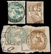 Useful group with 1st Wmk, 1/- Blue-Green, WATERMARK INVERTED, with "MELBOURNE Jan.1914" cds. Scarce. BW:30Ca - $500; 2nd Wmk. 2/- Brown, perf. 'OS' plus a piece with 2d Grey & 1/- Blue-green and 4d Yellow-orange KGV x3, tied with "Sydney - 22" cds.; 3rd 