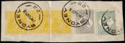 Useful group with 1st Wmk, 1/- Blue-Green, WATERMARK INVERTED, with "MELBOURNE Jan.1914" cds. Scarce. BW:30Ca - $500; 2nd Wmk. 2/- Brown, perf. 'OS' plus a piece with 2d Grey & 1/- Blue-green and 4d Yellow-orange KGV x3, tied with "Sydney - 22" cds.; 3rd - 2