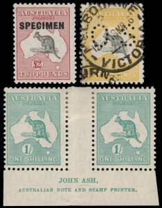 Group; 2nd Wmk. 5/- Deep Grey & Yellow, perforated OS; with Melbourne Mar.1916 cds. BW:43b ; Sm. Mult. 1/- Emerald, Ash imprint (N over A) pair; BW.34(4)za. Fine and fresh and £2 Grey & Rose-Crimson, o'ptd 'SPECIMEN' Type D. MLH (almost **).