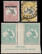Group; 2nd Wmk. 5/- Deep Grey & Yellow, perforated OS; with Melbourne Mar.1916 cds. BW:43b ; Sm. Mult.&nbsp;1/- Emerald, Ash imprint (N over A) pair; BW.34(4)za. Fine and fresh and&nbsp;&pound;2 Grey & Rose-Crimson, o'ptd 'SPECIMEN' Type D. MLH (almost **).