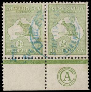 ½d green lower marginal CA monogram pair. Fine commercially used with blue Laidley, Queensland, "11MR14" cds.