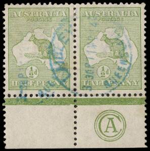 &frac12;d green lower marginal CA monogram pair. Fine commercially used with blue Laidley, Queensland, "11MR14" cds.