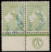 &frac12;d green lower marginal CA monogram pair. Fine commercially used with blue Laidley, Queensland, "11MR14" cds.