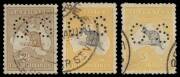 Punctured 'OS' group; 2d (2), 6d, 9d, 1/- (3), 2/- and 5/- (2). Mixed condition.