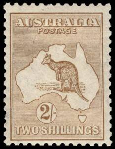 2/- Brown, THIN PAPER (averages 0.065), with unlisted variety "Open mouthed kangaroo". Presentable copy with minor faults, Mint. BW:36a - $4,500.