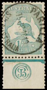 1/- blue-green, Die II, Plate I, JBC monogram single; BW.32(1)zc. Commercially used Parilla, South Australia "15J__1918". Cat $3,250, minor faults which do not distract from this rarity.