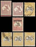 Group with 2/- Maroon, (2*, one a lower marginal single MVLH): 5/- Grey & Yellow, 1 commercially used, 3 punct. 'OS', 1 commercially used and 2 CTO; &pound;2 Grey & Rose-Crimson, o'ptd 'SPECIMEN' Type D, lightly mounted:&nbsp;Mixed condition. (7).