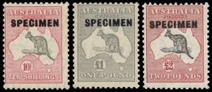 10/-, &pound;1 and &pound;2 Specimen overprints, Type D set of 3. The &pound;2 with "Broken coast in Bight"; BW. 50xe, 54x & 58(D)xp.