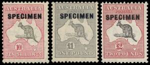 10/-, £1 and £2 Specimen overprints, Type D set of 3. The £2 with "Broken coast in Bight"; BW. 50xe, 54x & 58(D)xp.