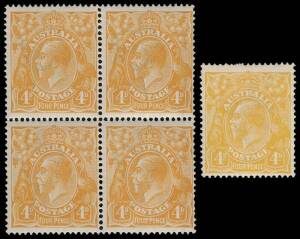 4d Orange, block (4) with the major variety "Line through 'FOUR PENCE'"; BW.110(2)h. The other 3 units all with plateable listed varieties. Fine & fresh; upper units MVLH; lower units incl. "Line through" MUH. Plus a single with variety "Line through 'FOU