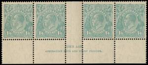 1/4 Greenish-Blue, Ash imprint strip of 4. MUH.