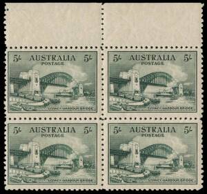 1932 5/- Sydney Harbour Bridge, block of 4 with top margin intact and showing the complete plate No.1 dot from the top left corner of the sheet. Fresh MUH and a very scarce positional piece. The block was acquired from the Maurice Williams collection, whe