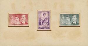 1954 (SG.272-274) 3&frac12;d, 7&frac12;d and 2/- Royal Visit&nbsp;DIE PROOF set&nbsp;on a sunken card. As issued to the Stamp Advisory Committee member Sir G. Chippendall and numbered 42, 16 and 18 on the reverse. The front protection sheet annotated with the basic details of th