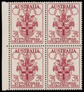 1956 Olympic Games 3&frac12;d carmine-lake marginal block of 4, [BW: 332E(1), superb unmounted. The unissued value. A superb and spectacular exhibition item. Ex Australia Post Philatelic Archival Sale by Tender Number One, 1986.