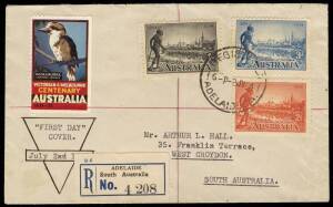1934 (July 2) Victorian Centenary set on a registered Sth. Aust. cover together with a Centenary vignette. Hinge remainders on the reverse.