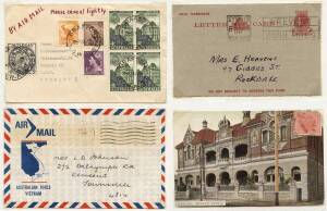 POSTAL HISTORY & POSTAL STATIONERY in large album. A very diverse and interesting range which includes WW2 period concession rate covers, 1940s-70s foreign airmail covers, AUSTRALIAN FORCE VIETNAM airmail covers used to Australia with various 1969 despatc