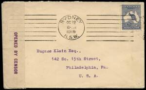 Mixed group incl. 1915 censored cover to USA with 2&frac12;d 2nd wmk Roo, 1926(Jun.12) airmail cover, NSW - Vic. with 'Angel' vignette, 1931(Apr.22) 1st Experimental airmail cover to Switzerland, 1931(May.16) tri-colour franking airmail cover to London with "Aus