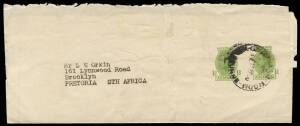 1949? (BW.WS26) 1&frac12;d + 1&frac12;d green KGVI stamped to order wrapper for an unknown user, to Pretoria South Africa. Postmarked Melbourne "15SE50". Very scarce, cat. $500.