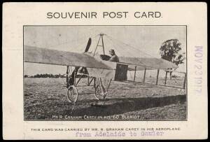23 Nov.1917 (AAMC.16) Adelaide - Gawler, special card flown by Graham Carey in his 60hp Bleriot. The image side in superb condition; address side with a couple of minor faults. Cat.$2750.