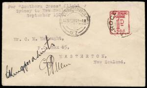 10 Sept.1928 (AAMC.124) Australia - New Zealand cover, flown in the "Southern Cross" and signed by Kingsford Smith and Ulm. Postmarked on arrival in Christchurch, this was the first official airmail delivery from Australia. [15 flown]. AAMC:$5500.