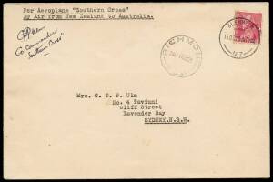 13 Oct.1928 (AAMC.126) New Zealand - Australia cover, carried on the return flight in the "Southern Cross" by Kingsford Smith and Ulm; signed and endorsed by the latter. With BLENHEIM departure cds and RICHMOND N.S.W. arrival cds. Additionally, with perso