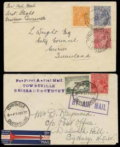 31 Mar.1930 (AAMC.155 & 156) Brisbane - Townsville and return, flown covers carried by Queensland Air Navigation Co on their inaugural twice-weekly service. Fewer than 100 covers were carried each way by pilot J.H.Treacy in an Avro 10 "Star of Townsville"