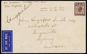 9-19 Oct.1930 (AAMC.170) London - Darwin flown cover, carried and signed by Kingsford Smith on his record solo flight aboard the "Southern Cross Junior". [NB: This is the exact cover which illustrates the flight in AAMC at p.48]. Cat.$3500.