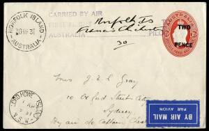 1 Apr.1931 (AAMC.183) Norfolk Island - Lord Howe Island flown 2d Envelope, carried, signed and endorsed by Francis Chichester. Chichester had planned to fly on to Sydney but was delayed at Lord Howe as a consequence of storm damage to his 'plane. AAMC:$95