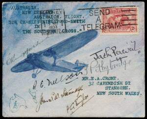11 Jan. - 26 Mar.1933 Australia - New Zealand - Australia flown cover, with original artwork by Ernie Crome; signed by Kingsford Smith, Taylor, Stannage & Nelson and endorsed and signed on reverse by Pethybridge & Percival. [10 thus flown].