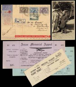 KINGSFORD SMITH: A group comprising a flown registered Christmas mail cover from Sydney to London signed by Kingsford Smith together with an original photo of him in front of the aeroplane; also, a "Special Flight Ticket" for a flight with Kingsford Smith