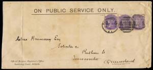 LEGAL GROUP: 1898 Sth. Aust. cover to a solicitor in GB franked 2&frac12;d, 1901 'Insolvency Court Adelaide' long cover to Brisbane franked 6d with 2d violet, o'pt 'OS' strip of 3; 1909 Manilla - Tamworth reg. long cover with solicitors purple h/stamp at top L.,