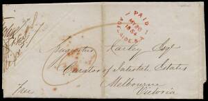 1854 (May 26) stampless entire to the Curator of Interstate Estates Melbourne (poor backstamp in red) with very fine red Paid Adelaide cds, mss "Free" at lower L and red "6" rate marking. The contents relate to the estate of Mr John Bell with a statement 