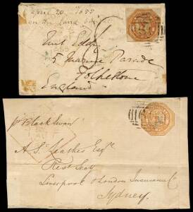 1855 (April 21) Launceston to England cover franked 4d Courier Plate II cut square (touching right side) struck with BN '60' and diamond Launceston Ship Letter Outwards; h/s "8" in black & Liverpool arrival in green of July 25 on reverse, some faults; als